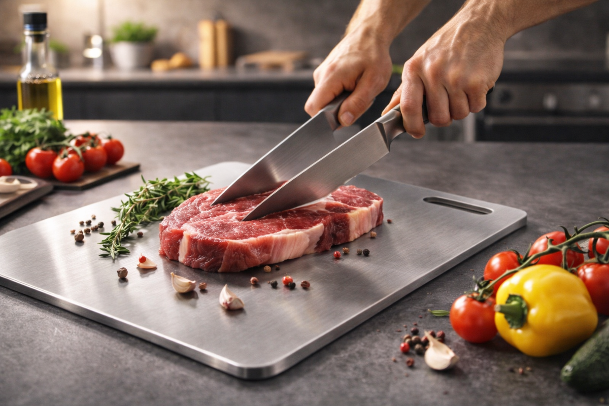 Planche à découper en acier inoxydable – Double face, qualité alimentaire