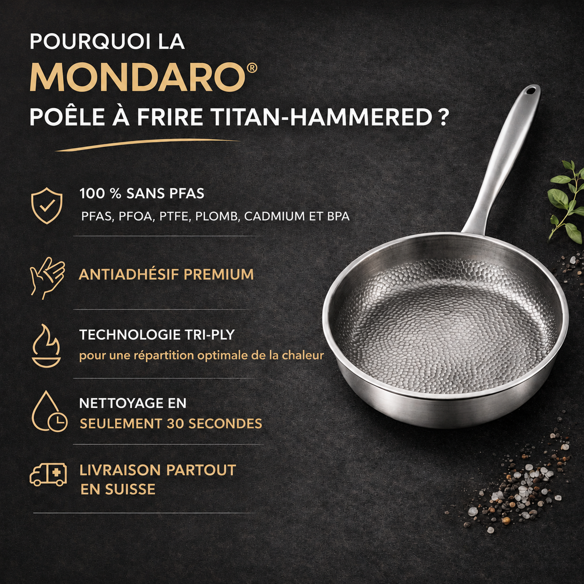 Poêle en titane sans PFAS — naturellement antiadhésive et durable