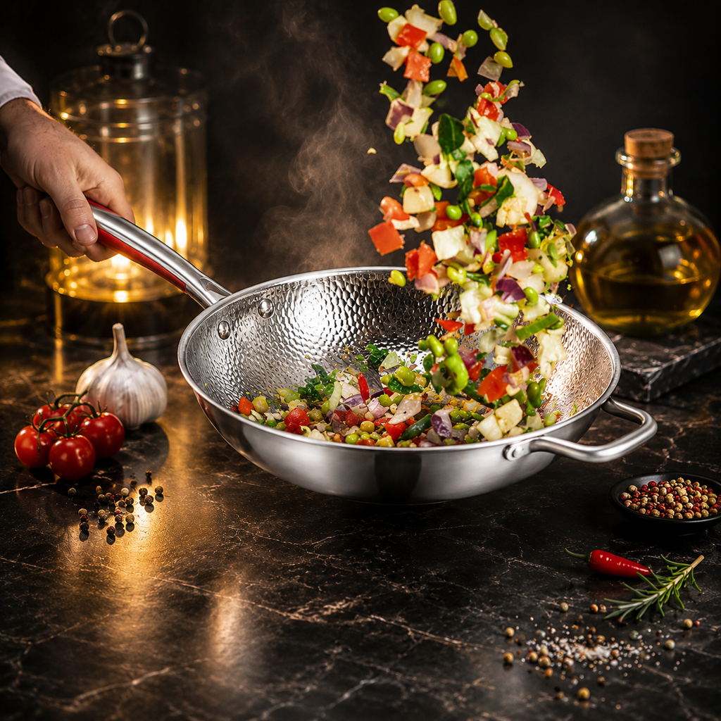 Wok en Titane Pur à Fond Rond – Antiadhésif Naturel, Tous Feux