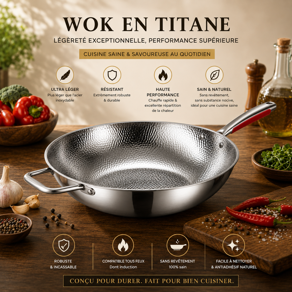 Wok mit rundem Boden aus reinem Titan – natürliche Antihaftbeschichtung, geeignet für alle Herdarten