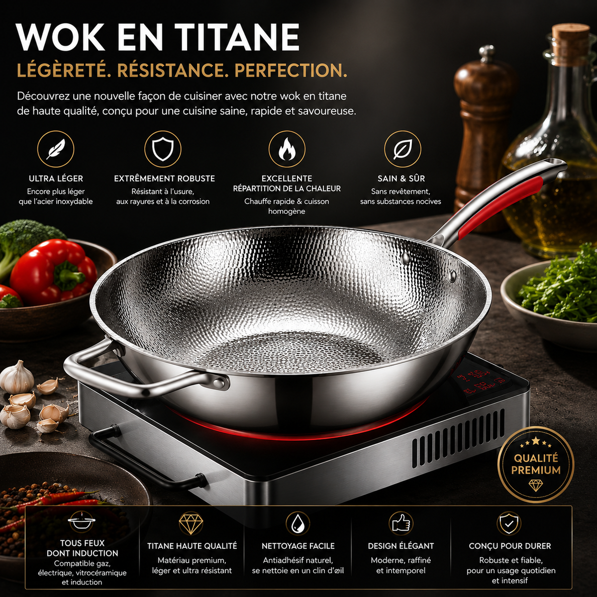 Wok mit rundem Boden aus reinem Titan – natürliche Antihaftbeschichtung, geeignet für alle Herdarten