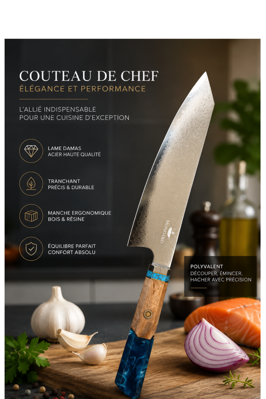 Couteau de chef premium en acier damassé