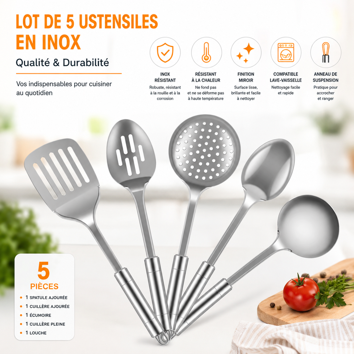 Set d'Ustensiles de Cuisine en Acier Inoxydable – 5 Pièces