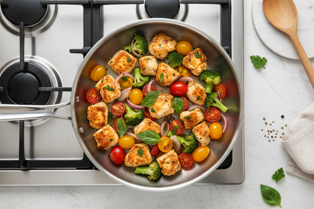 poele an acier inoxydable vu de haut avec des la nourritre deddans